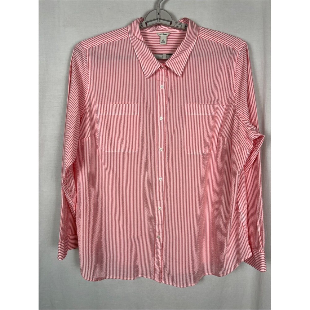 L. L. Bean Pink and White Striped Button Up Cotton Shirt